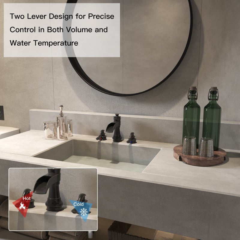 BWE Waterfall Widespread Bathroom Faucet 3 Hole Oil Rubbed Bronze Farmhouse 8 Inch Pop Up Drain Stopper Assembly Overflow Supply Line Faucets Parts Two Handle Bath Vanity Lavatory Sink - Image 2